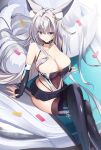  1girl animal_ear_fluff animal_ears azur_lane black_skirt breasts covered_navel detached_sleeves fox_ears fox_tail grey_eyes grey_hair hair_ornament highres large_breasts manjirou_(manji_illust) race_queen see-through shinano_(azur_lane) shinano_(moonlit_chrome)_(azur_lane) sitting_on_car skirt tail thighhighs 