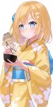  1girl blonde_hair blue_eyes blue_hairband bob_cut bowl bubba_(watson_amelia) chopsticks commentary food food_in_mouth fumyu hair_ornament hairband highres holding holding_bowl holding_chopsticks hololive hololive_english japanese_clothes kimono light_blush looking_at_food mochi monocle_hair_ornament new_year short_hair simple_background solo standing translated virtual_youtuber watson_amelia white_background yellow_kimono 