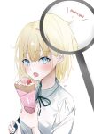  1girl :o black_ribbon blonde_hair blue_eyes bob_cut collared_shirt commentary crepe english_text food food_on_face highres holding holding_food holding_strap hololive hololive_english katamayugui light_blush looking_at_viewer magnifying_glass open_mouth ribbon shirt short_hair simple_background solo virtual_youtuber watson_amelia white_background white_shirt 