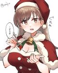  1girl alternate_costume belt breasts brown_eyes brown_hair capelet cleavage commentary_request dress food fork fruit fur-trimmed_capelet fur-trimmed_headwear fur_trim hat highres kantai_collection long_hair looking_at_viewer matsunaga_(haku) medium_breasts ooi_(kancolle) red_capelet red_dress red_headwear santa_hat simple_background solo strawberry upper_body white_background 