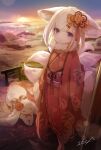  1girl animal animal_ear_fluff animal_ears blonde_hair commentary cy_fros floral_print fox_ears fox_girl fox_tail fur-trimmed_sleeves fur_collar fur_trim hair_ornament hairclip highres japanese_clothes kimono long_sleeves looking_at_viewer obi open_clothes original outdoors parted_lips print_kimono purple_eyes red_kimono sash signature sky sleeves_past_fingers sleeves_past_wrists solo standing sunrise tail wide_sleeves 