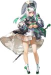  1girl armor armored_dress breasts clothing_cutout full_body green_hair hair_between_eyes hair_ornament headdress highleg highleg_panties highres large_breasts long_sleeves looking_at_viewer multicolored_hair nishii_(damnedrive) original panties parasol parted_lips puffy_long_sleeves puffy_sleeves red_eyes see-through see-through_skirt simple_background skirt socks solo triangle_mouth two-tone_hair umbrella underboob underboob_cutout underwear white_hair white_panties white_socks 