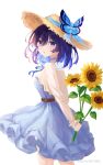  1girl :o absurdres bangs blue_bow blue_bowtie blue_butterfly blue_dress blue_eyes blue_hair bob_cut bow bowtie bug butterfly dress flower hat highres holding holding_flower honkai_(series) honkai_impact_3rd long_sleeves looking_at_viewer looking_back open_mouth pinafore_dress seele_vollerei shirt simple_background solo sun_hat sunflower white_background white_paper_is_not_paper white_shirt 