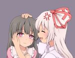  2girls anger_vein bangs blouse blush bow bowtie breasts bright_pupils closed_eyes closed_mouth collared_shirt commentary_request false_smile fang fujiwara_no_mokou grey_hair hair_between_eyes hand_on_another&#039;s_face hand_on_another&#039;s_head hand_up hands_up headpat highres houraisan_kaguya long_hair long_sleeves looking_at_another medium_breasts multicolored_bow multiple_girls open_mouth parody petting pink_eyes pink_shirt puffy_short_sleeves puffy_sleeves purple_background red_bow shirt short_sleeves simple_background smile suwaneko sweat sweatdrop tongue touhou two-tone_bow white_bow white_bowtie white_pupils white_shirt wide_sleeves yuri 