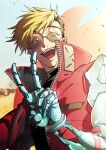  1boy black_shirt blonde_hair blue_sky henamyung highres mole mole_under_eye open_mouth prosthesis prosthetic_arm shirt sky solo sunglasses teeth trigun trigun_stampede upper_teeth_only v vash_the_stampede 