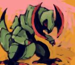  claws closed_mouth dragon english_commentary fangs haxorus multicolored_background no_humans orange_background pink_background pokemon pokemon_(creature) red_eyes sailorclef solo tail_raised two-tone_background 