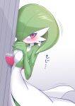  1girl bangs blush breasts dress gardevoir gradient gradient_background green_hair grey_background highres looking_at_viewer medium_breasts medium_hair one_eye_covered pokemon pokemon_(creature) red_eyes white_dress wisespeak 