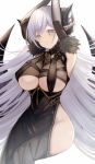  1girl albion_(azur_lane) albion_(silvermoon_faerie_princess)_(azur_lane) arms_up azur_lane bare_hips black_horns breasts clothing_cutout curled_horns demon_horns fur-trimmed_gloves fur_trim gem gloves grey_eyes grey_hair highres horns large_breasts long_hair looking_at_viewer official_alternate_costume red_gemstone shibaebi_(yasaip_game) solo underboob underboob_cutout very_long_hair 