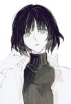  1girl bangs black_hair bocchi_the_rock! hair_ornament hand_on_own_shoulder highres jdxwc long_sleeves looking_at_viewer mole mole_under_eye monochrome parted_lips short_hair simple_background solo sweater turtleneck turtleneck_sweater upper_body white_background yamada_ryou 