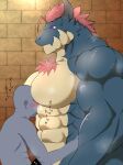  &lt;3 abs anthro big_muscles big_pecs blue_body blush body_hair censored censored_genitalia censored_penis chest_hair dragon duo fangs hair hi_res horn human human_on_anthro interspecies japanese_text larger_anthro larger_male male male/male mammal multicolored_body muscular muscular_anthro muscular_male musk nude pec_smothering pecs red_hair scalie size_difference smaller_human smaller_male teeth text yellow_body 