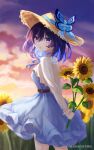  1girl :o absurdres bangs blue_bow blue_bowtie blue_butterfly blue_dress blue_eyes blue_hair bob_cut bow bowtie bug butterfly cloud cloudy_sky dress field flower flower_field hat highres holding holding_flower honkai_(series) honkai_impact_3rd long_sleeves looking_at_viewer looking_back open_mouth outdoors pinafore_dress seele_vollerei shirt sky solo sun_hat sunflower sunset white_paper_is_not_paper white_shirt 