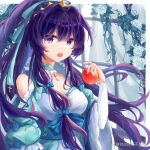  1girl :o apple bangs bare_shoulders blue_bow bow breasts cleavage dress flower food fruit hair_bow highres holding holding_food holding_fruit honkai_(series) honkai_impact_3rd long_hair long_sleeves looking_at_viewer nail_polish off-shoulder_dress off_shoulder open_mouth ponytail purple_eyes purple_hair raiden_mei rose solo white_dress white_flower white_paper_is_not_paper white_rose 