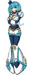  1girl absurdres android bangs blue_bodysuit blue_eyes blue_hair bodysuit character_name crossed_arms full_body gxing headset highres looking_at_viewer mega_man_(series) mega_man_x_(series) mega_man_x_dive necktie open_mouth rico_(mega_man) shorts side_ponytail solo white_background white_shorts 