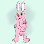  anthro balls big_penis daison_the_fox duracell_bunny genitals green_eyes hi_res holding_penis huge_penis lagomorph leporid looking_at_viewer male mammal nude penis pink_body pink_penis rabbit simple_background solo vein veiny_penis 