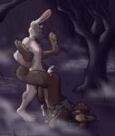 anthro ass_up bareback beckett_(shayhop) bodily_fluids canid canine canis clothed clothing cum cum_in_ass cum_inside cumming_together dingy_pingy dire_(fortnite) duo epic_games forest fortnite genital_fluids holding_both_legs horn lagomorph leporid lying male male/male mammal on_front paws plant rabbit smile smug tongue tongue_out tree wolf 