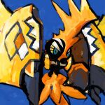  blue_background blue_eyes colored_sclera english_commentary no_humans photoshop_(medium) pokemon pokemon_(creature) sailorclef solo tapu_koko yellow_sclera 