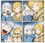 2girls :3 :d :o absurdres blonde_hair blue_eyes blue_hair blue_hoodie bob_cut closed_eyes collage english_commentary finger_in_own_mouth gawr_gura gradient gradient_background grey_hair hair_ornament hand_on_own_chin highres hololive hololive_english holomyth hood hoodie hugging_own_legs long_sleeves monocle_hair_ornament multicolored_hair multiple_girls odyssey_21 one_eye_closed shark_hair_ornament sharp_teeth short_hair side_ponytail slit_pupils smile streaked_hair teeth v virtual_youtuber watson_amelia yellow_hoodie 