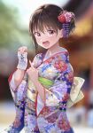  1girl :d absurdres bangs blue_kimono blurry blurry_background brown_hair commentary_request depth_of_field floral_print flower furisode hair_between_eyes hair_flower hair_ornament hands_up highres holding isshokuitaru japanese_clothes kimono long_sleeves nengajou new_year obi original pink_flower pointing ponytail print_kimono red_eyes red_flower red_rose rose sash signature smile solo wide_sleeves 