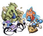  black_eyes blue_eyes brown_horns chandelure claws electricity english_commentary fire frown green_tail hitmontop horns no_humans open_mouth pokemon pokemon_(creature) pokemon_move purple_fire rotom rotom_(wash) sailorclef sandstorm_(pokemon) simple_background single_horn solid_circle_eyes spikes teeth tyranitar video_game_championships washing_machine white_background yellow_eyes 