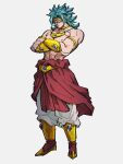  1boy armlet blue_eyes blue_hair broly_(dragon_ball_z) closed_mouth crossed_arms dragon_ball dragon_ball_z full_body gold kemachiku looking_at_viewer male_focus muscular muscular_male pants simple_background solo standing super_saiyan super_saiyan_1 topless_male white_pants 
