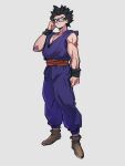  1boy adjusting_eyewear black_hair brown_footwear dougi dragon_ball dragon_ball_super dragon_ball_super_super_hero full_body glasses kemachiku male_focus red_sash sash serious simple_background solo son_gohan spiked_hair standing wristband 