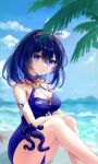  1girl bangs beach blue_one-piece_swimsuit blue_sky bob_cut breasts cleavage closed_mouth cloud cloudy_sky headband honkai_(series) honkai_impact_3rd octopus one-piece_swimsuit outdoors seele_vollerei seele_vollerei_(stygian_nymph) short_hair sky smile solo summer swimsuit water white_paper_is_not_paper 
