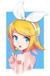  1girl absurdres back bangs blonde_hair blue_eyes bow candy chupa_chups flat_chest food hair_bow hair_ornament hairclip headphones headset highres holding holding_candy holding_food holding_lollipop kagamine_rin lollipop looking_back mr.thunderigor nude number_tattoo open_mouth revision short_hair shoulder_blades shoulder_tattoo skinny solo swept_bangs tattoo turning_head upper_body vocaloid white_bow 