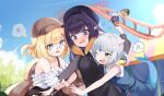  3girls :3 :d a_(phrase) amusement_park animal_ears arm_up bare_shoulders beret black_headwear black_ribbon black_skirt blonde_hair bloop_(gawr_gura) blue_eyes blue_hair blue_sky blush bob_cut breasts brown_coat brown_headwear bubba_(watson_amelia) cat_ears cleavage coat commentary commission detached_sleeves dress dropping english_text fang fish_tail frills gawr_gura glasses grey_eyes grey_hair happy hat headpiece heart highres holding_ice_cream hololive hololive_english leaning_on_person light_blush locked_arms long_sleeves medium_hair mole mole_under_eye multicolored_hair multiple_girls narizu_ishi ninomae_ina&#039;nis one_eye_closed open_mouth pinafore_dress pinstripe_pattern pinstripe_shirt pixiv_commission plaid_coat pointy_ears ponytail purple_hair ribbon round_eyewear shark_girl shark_tail sharp_teeth shirt short_hair short_sleeves skirt sky smile speech_bubble straight_hair streaked_hair striped striped_shirt tail takodachi_(ninomae_ina&#039;nis) teeth tentacle_hair translated upper_teeth_only vertical-striped_shirt vertical_stripes virtual_youtuber watson_amelia white_shirt 