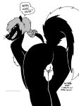  2022 anthro breasts butt dialogue english_text female fur genitals grin hair hi_res looking_back mammal mephitid miranda_(sergewolf) pussy rear_view skunk smile solo tegerio text 