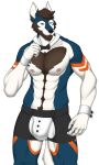 abs absurd_res alpha_channel anthro beard blue_body blue_fur bow_tie brown_beard brown_hair bulge canid canine canis clothed clothing collar collarbone countershading cuff_links facial_hair fur hair hi_res looking_at_viewer love_handles male mammal multicolored_body muscular muscular_male nipples orange_body orange_fur phrostbite pink_nipples prick_ears rasker signature simple_background skimpy solo tail thick_thighs transparent_background tuxedo_underwear watermark white_body white_fur wolf 