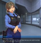  1girl barney_calhoun black_necktie blue_eyes blue_shirt blurry blurry_background brown_hair bulletproof_vest collared_shirt commentary cowboy_shot denim english_commentary english_text fake_screenshot genderswap genderswap_(mtf) glock gun half-life handgun holster holstered_weapon id_card indoors jeans justrube long_sleeves name_tag necktie open_mouth pants police police_uniform policewoman screencap_background shirt smile solo speech_bubble talking teeth thigh_holster uniform upper_teeth_only visual_novel weapon 