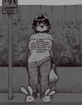  2023 anthro big_breasts breasts clothed clothing english_text female greyscale hi_res latchk3y looking_at_viewer mammal monochrome outside procyonid raccoon slippers solo standing text 