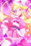  1girl bangs blonde_hair bow cure_butterfly hair_ornament hirogaru_sky!_precure long_hair matatabi_hibiki open_mouth pink_background pink_eyes precure shirt skirt tagme 