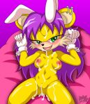  anthro archie_comics bodily_fluids breasts butt clothing cum cum_in_mouth cum_inside cum_on_body cum_on_breasts cum_on_face cum_on_leg fake_ears fake_rabbit_ears female genital_fluids genitals gloves gloves_only green_eyes hair handwear handwear_only herpestid hi_res looking_at_viewer lying mammal mina_mongoose mongoose mostly_nude nipples nude open_mouth purple_hair pussy rabbit_ears reclining_pose sega sega_toys sirjzau solo sonic_the_hedgehog_(archie) sonic_the_hedgehog_(comics) sonic_the_hedgehog_(series) spread_legs spreading tongue wide_hips yellow_body 