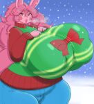  anthro areola_outline big_breasts bottomwear breasts clothing female geebie33 hair hi_res huge_breasts hyper hyper_breasts lagomorph leporid looking_at_viewer mammal pants pink_body pink_eyes pink_hair pupils rabbit snow solo sweater thick_thighs topwear white_pupils wide_hips 