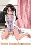  1girl bangs barefoot bed_sheet between_legs black-framed_eyewear black_hair blue_eyes blurry blurry_background blush breasts collarbone commentary_request commission curtains glasses grin hand_between_legs heart heart_print idolmaster idolmaster_shiny_colors legs long_hair long_sleeves looking_at_viewer mitsumine_yuika naked_shirt on_bed pink_curtains shirt sidelocks sitting skeb_commission small_breasts smile solo television thighs train_90 twintails white_shirt 
