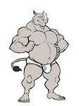  2023 absurd_res anthro barazoku barefoot belly biceps big_belly big_bulge big_muscles briefs bulge clothed clothing darknaigart deltoids feet frown hand_on_stomach hi_res horn huge_muscles male mammal muscular muscular_anthro muscular_male nails narrowed_eyes navel notched_ear pecs plantigrade rhinoceros simple_background solo standing thick_thighs tighty_whities topless topless_anthro topless_male underwear white_background white_briefs white_clothing white_underwear 