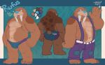  anthro biped blue_nose bottomwear brown_body brown_fur clothing fur male mammal marine membrane_(anatomy) navel pants pinniped plantigrade solo spectral-bat spots stocky suspenders tusks underwear walrus webbed_hands 