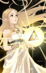  1girl bangs bare_shoulders black_background bracer breasts cowboy_shot dress gold_necklace green_eyes highres jewelry long_dress long_hair looking_up medium_breasts necklace parted_bangs parted_lips pointy_ears princess_zelda sidelocks softp3ach solo strapless strapless_dress the_legend_of_zelda the_legend_of_zelda:_breath_of_the_wild thick_eyebrows triforce twitter_username white_dress 