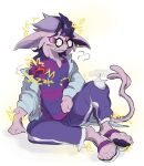  2022 after_transformation anthro arm_tuft big_ears bodily_fluids bottomwear cheek_tuft claws clothed clothing coat confusion drooling eeveelution elbow_on_leg electricity espeon eyewear eyewear_on_head facial_tuft fluffy footwear fully_clothed fur gem generation_2_pokemon generation_4_pokemon glasses glasses_on_head hair hi_res implied_transformation jacq_(pokemon) lab_coat legwear long_ears looking_confused male multicolored_hair neck_tuft nintendo pants pattern_clothing pattern_shirt pattern_topwear pawpads paws pokemon pokemon_(species) purple_body purple_bottomwear purple_clothing purple_eyes purple_fur purple_hair purple_inner_ear purple_pants purple_shirt purple_topwear question_mark rotom rotom_phone saliva sandals shadow shirt simple_background sitting small_nose snout solo species_transformation spiral_eyes striped_clothing striped_shirt striped_topwear stripes sweat sweatpants tail topwear transformation tuft two_tone_hair unusual_anatomy unusual_tail white_background yenkoby 