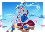  1girl ahoge bangs blue_eyes blue_hair cape cure_sky fingerless_gloves frills gloves gradient_hair highres hirogaru_sky!_precure long_hair magical_girl multicolored_hair nukosann open_mouth pink_hair smile solo sora_harewataru streaked_hair thighhighs twintails very_long_hair white_gloves white_thighhighs wing_hair_ornament 