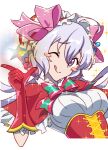  1girl axia-chan breasts closed_mouth gloves grey_hair hair_between_eyes highres large_breasts long_hair one_eye_closed purple_eyes red_gloves senki_zesshou_symphogear tongue tongue_out twintails white_background yukine_chris 