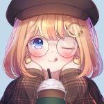  1girl :p blonde_hair blue_background blue_eyes bob_cut brown_coat brown_headwear coat coffee earrings english_commentary frappuccino glasses hair_ornament hairclip hands_on_own_chin heart heart_earrings hololive hololive_english iced_coffee jewelry light_blush long_sleeves monocle_hair_ornament one_eye_closed plaid_coat round_eyewear short_hair simple_background solo sora_rinn tongue tongue_out virtual_youtuber watson_amelia whipped_cream 