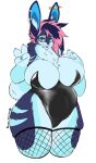  4_fingers anthro big_breasts blue_body blue_eyes blue_fur blue_hair breasts chest_tuft clothed clothing curvy_figure ear_piercing female fingers fishnet fishnet_legwear frayerwolf fur gesture hair hi_res highlights_(coloring) huge_breasts inner_ear_fluff lagomorph latex_clothing legwear leotard leporid lingerie mammal mocha-wing partially_clothed piercing pink_hair rabbit simple_background slightly_chubby smile solo standing teeth thick_thighs tuft v_sign voluptuous whiskers white_background wide_hips 