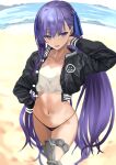  1girl bandeau bangs beach black_jacket black_panties blue_eyes blue_ribbon blush breasts collarbone cropped_jacket fate/extra fate/extra_ccc fate/grand_order fate_(series) hair_ribbon jacket kesoshirou long_hair long_sleeves looking_at_viewer meltryllis_(fate) navel open_clothes open_jacket open_mouth panties prosthesis prosthetic_leg purple_hair ribbon shore small_breasts solo thighs underwear very_long_hair 