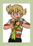  1boy :q adjusting_scarf bangs barry_(pokemon) black_pants blonde_hair border brown_eyes closed_mouth commentary_request elizabeth_(tomas21) green_scarf hands_up highres jacket looking_down male_focus pants pokemon pokemon_(game) pokemon_dppt poketch scarf short_hair short_sleeves solo striped striped_jacket tongue tongue_out watch wristwatch 