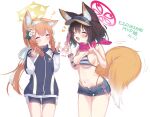  2girls :d ^_^ animal_ear_fluff animal_ears bikini blue_archive blue_shorts blush breasts brown_hair closed_eyes eip_(pepai) fang fox_ears fox_girl fox_shadow_puppet fox_tail hairband halo izuna_(blue_archive) izuna_(swimsuit)_(blue_archive) jacket large_breasts long_hair mari_(blue_archive) mari_(gym_uniform)_(blue_archive) multiple_girls musical_note navel official_alternate_costume open_mouth orange_hair red_scarf scarf short_hair short_shorts shorts simple_background skin_fang smile standing striped striped_bikini swimsuit tail thighs track_jacket visor_cap white_background white_hairband 