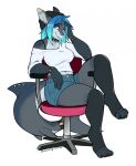  anthro blue_eyes blue_hair bottomwear bracelet breasts chair choker claws clothed clothing cross cross_necklace ear_piercing ear_stud erika_(ambris) female fin fin_piercing fish fully_clothed furgonomics furniture furry-specific_piercing grey_body hair hi_res industrial_piercing jewelry legwear looking_at_viewer marine mocha-wing necklace office_chair piercing shark shirt shorts simple_background sitting smile solo stockings tail tail_fin toeless_legwear toeless_stockings topwear white_background 