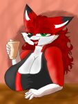  2022 amber_(flamberry) anthro big_breasts breasts canid canine clothed clothing coffee_cup container cup digital_drawing_(artwork) digital_media_(artwork) female flamberry_(artist) fox fur green_eyes hair hi_res looking_at_viewer mammal mature_female open_mouth red_fox simple_background smile solo white_body white_fur 