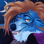  anthro blue_body blue_fur blue_nose canid canine clothing fur hair male mammal moon mordorinka night portrait sky smile solo star starry_sky topwear tuft 